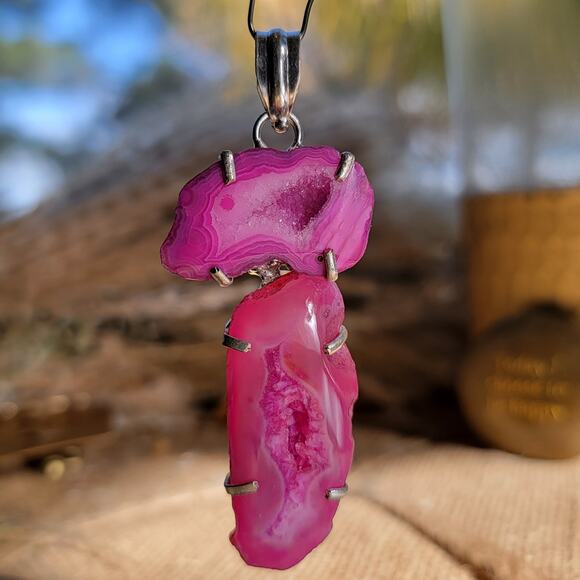 Pink Agate Geode Pendant Sterling Silver, Handmade Boho Crystal Necklace - Picture 6 of 10